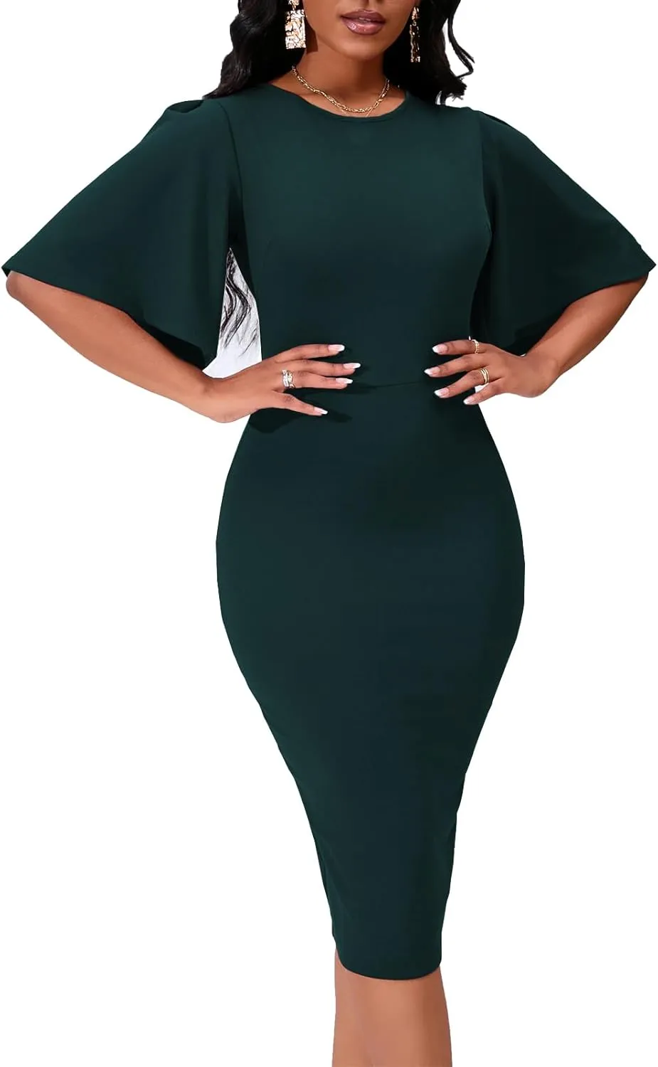 Women's Basic Bodycon Ruffle Flared Short Sleeve Pencil Midi Dress