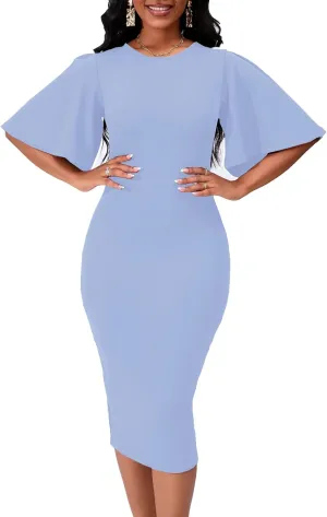 Women's Basic Bodycon Ruffle Flared Short Sleeve Pencil Midi Dress