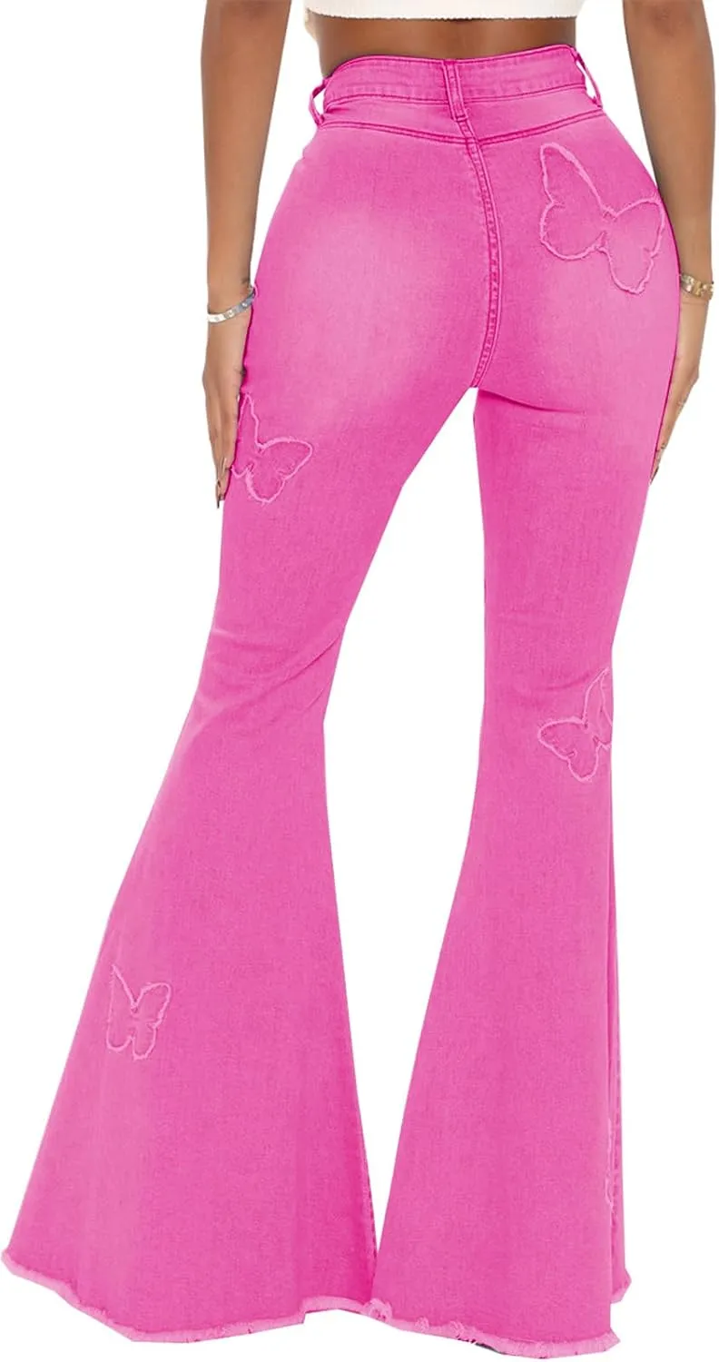 Women's Bell Bottom Jeans Classic Destoryed Ripped Flare Jeans Elastic Waist Raw Hem Denim Pants
