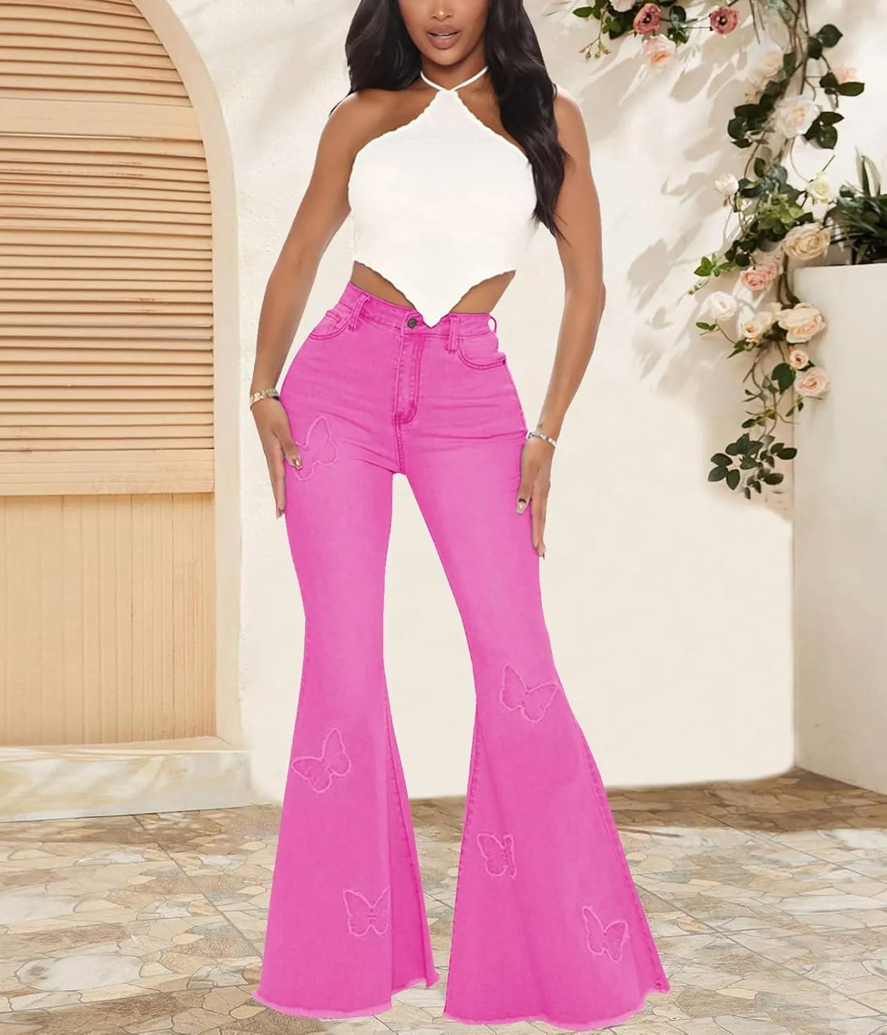 Women's Bell Bottom Jeans Classic Destoryed Ripped Flare Jeans Elastic Waist Raw Hem Denim Pants