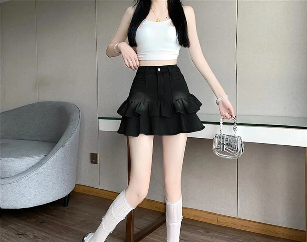 Women's Blue A-Line Pleated Denim Skirt Aesthetic Vintage Mini Jean Skirts