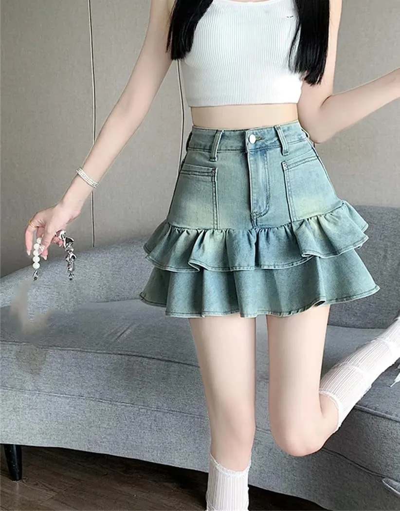 Women's Blue A-Line Pleated Denim Skirt Aesthetic Vintage Mini Jean Skirts