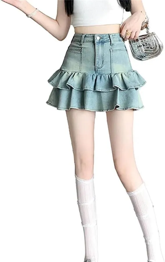 Women's Blue A-Line Pleated Denim Skirt Aesthetic Vintage Mini Jean Skirts