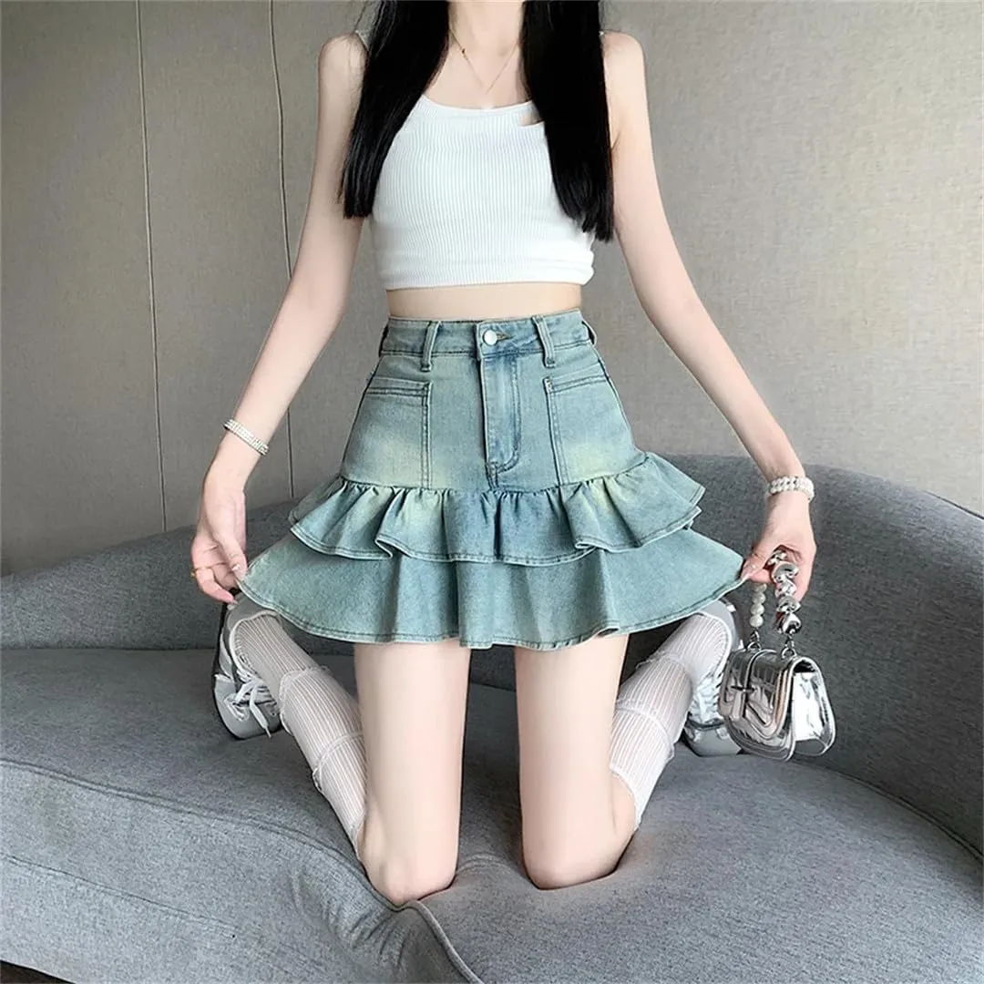 Women's Blue A-Line Pleated Denim Skirt Aesthetic Vintage Mini Jean Skirts