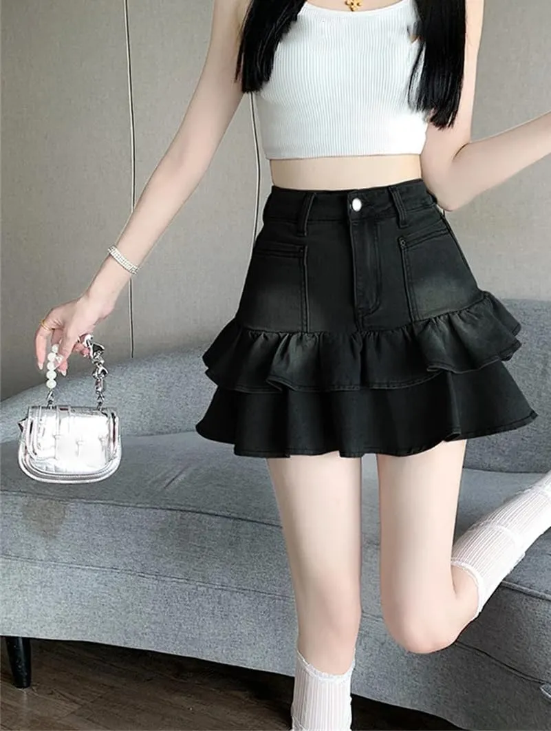 Women's Blue A-Line Pleated Denim Skirt Aesthetic Vintage Mini Jean Skirts