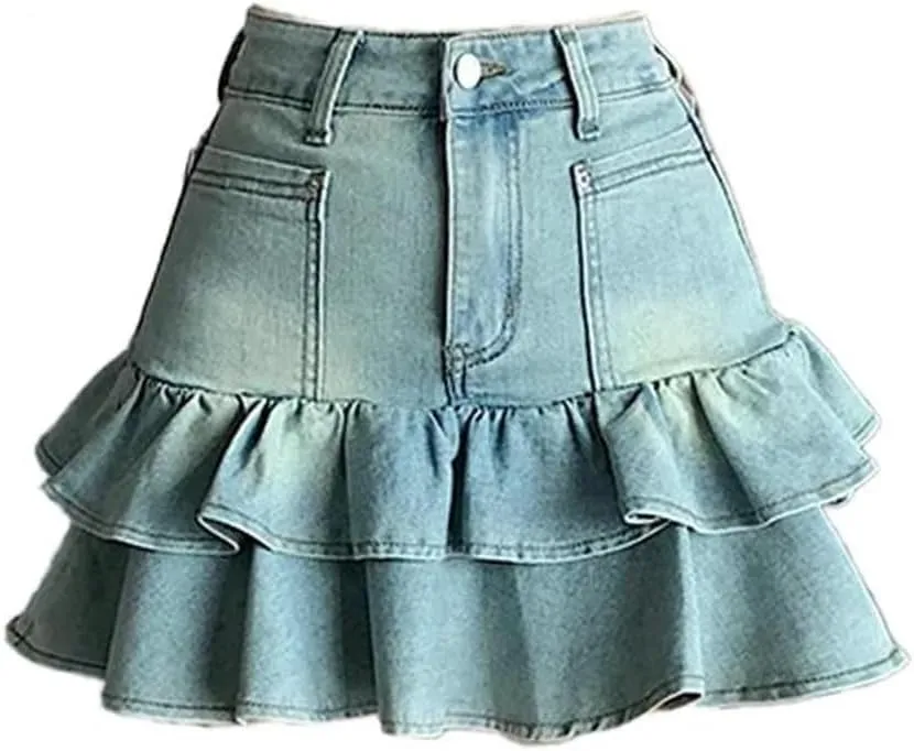 Women's Blue A-Line Pleated Denim Skirt Aesthetic Vintage Mini Jean Skirts