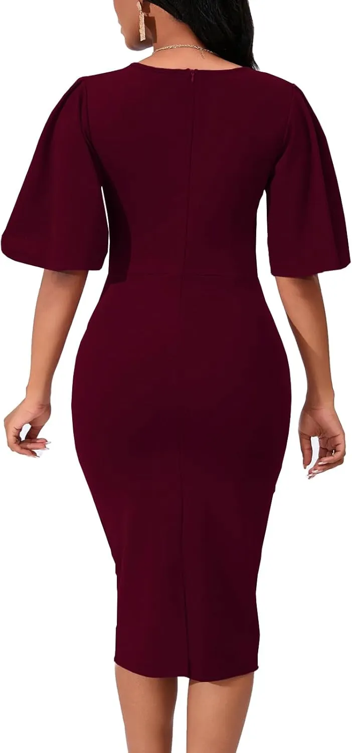 Womens Bodycon Ruffle Flared Short Sleeve Pencil Midi Dress