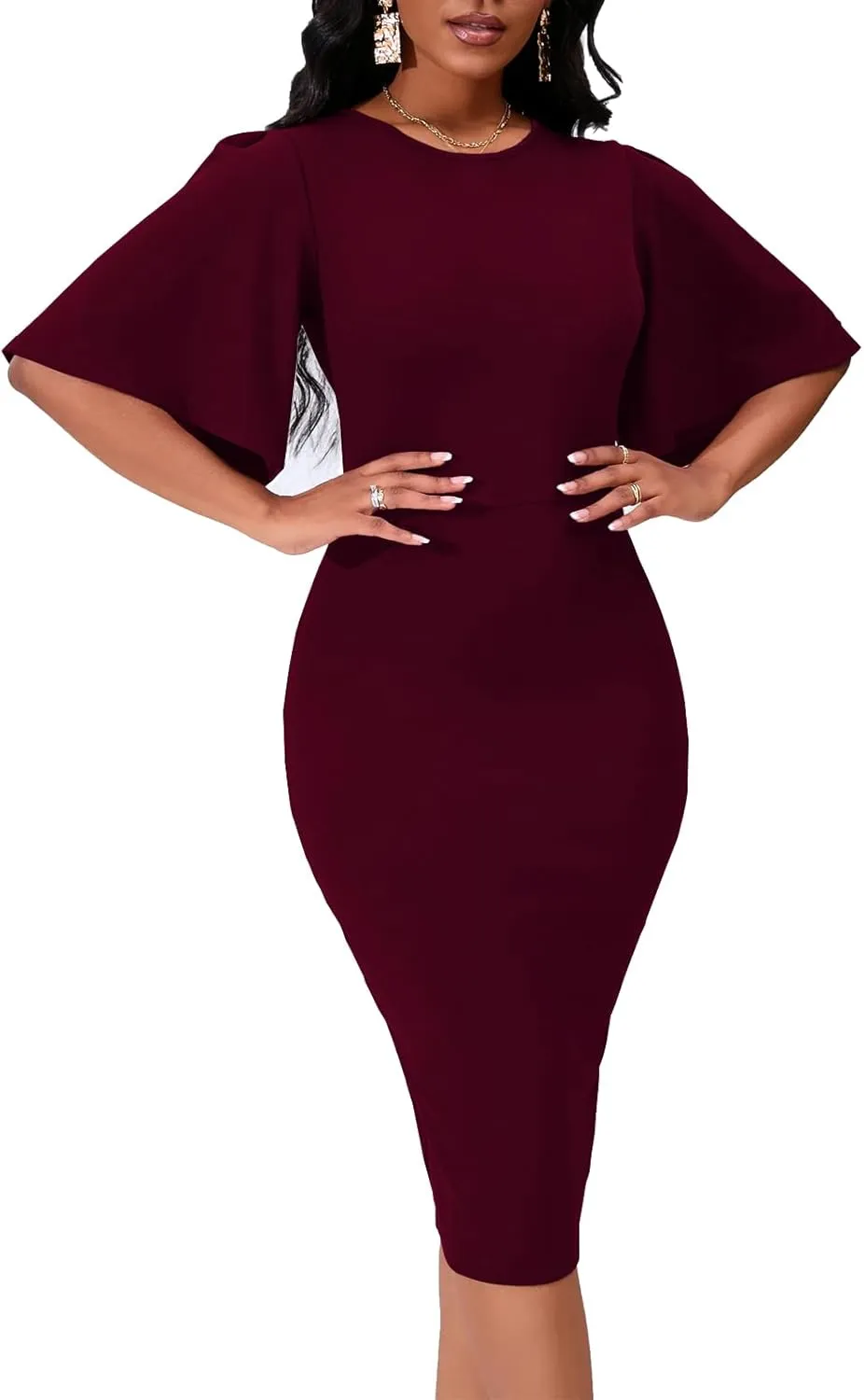 Womens Bodycon Ruffle Flared Short Sleeve Pencil Midi Dress