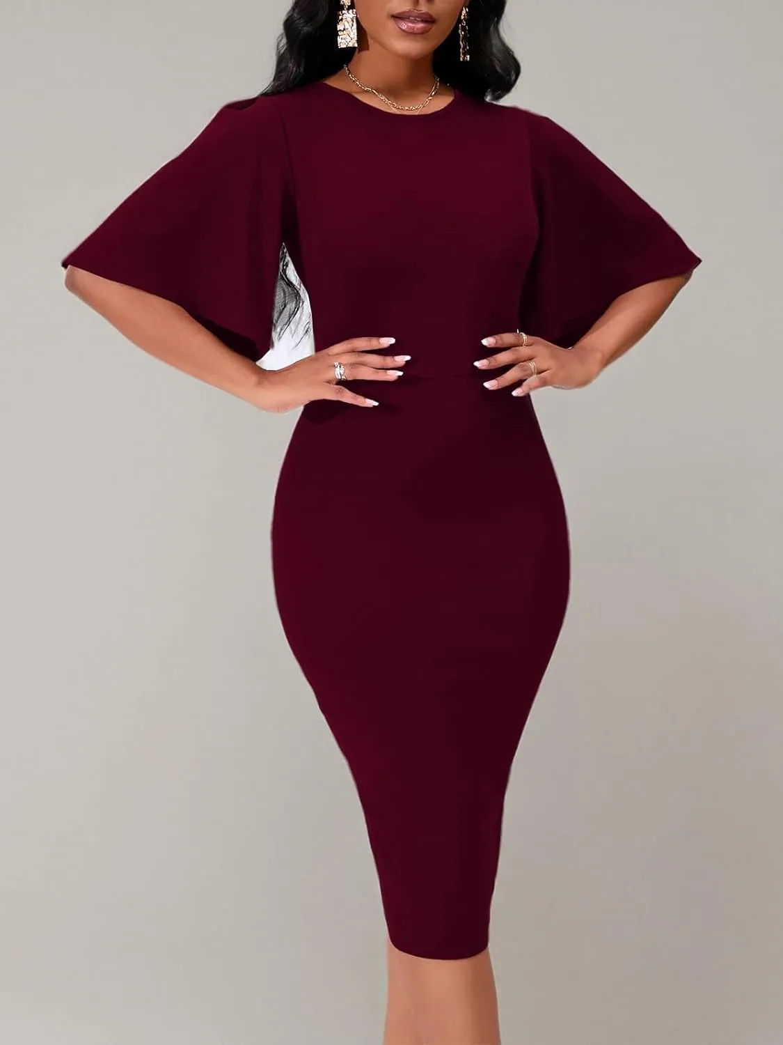 Womens Bodycon Ruffle Flared Short Sleeve Pencil Midi Dress