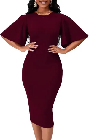 Womens Bodycon Ruffle Flared Short Sleeve Pencil Midi Dress