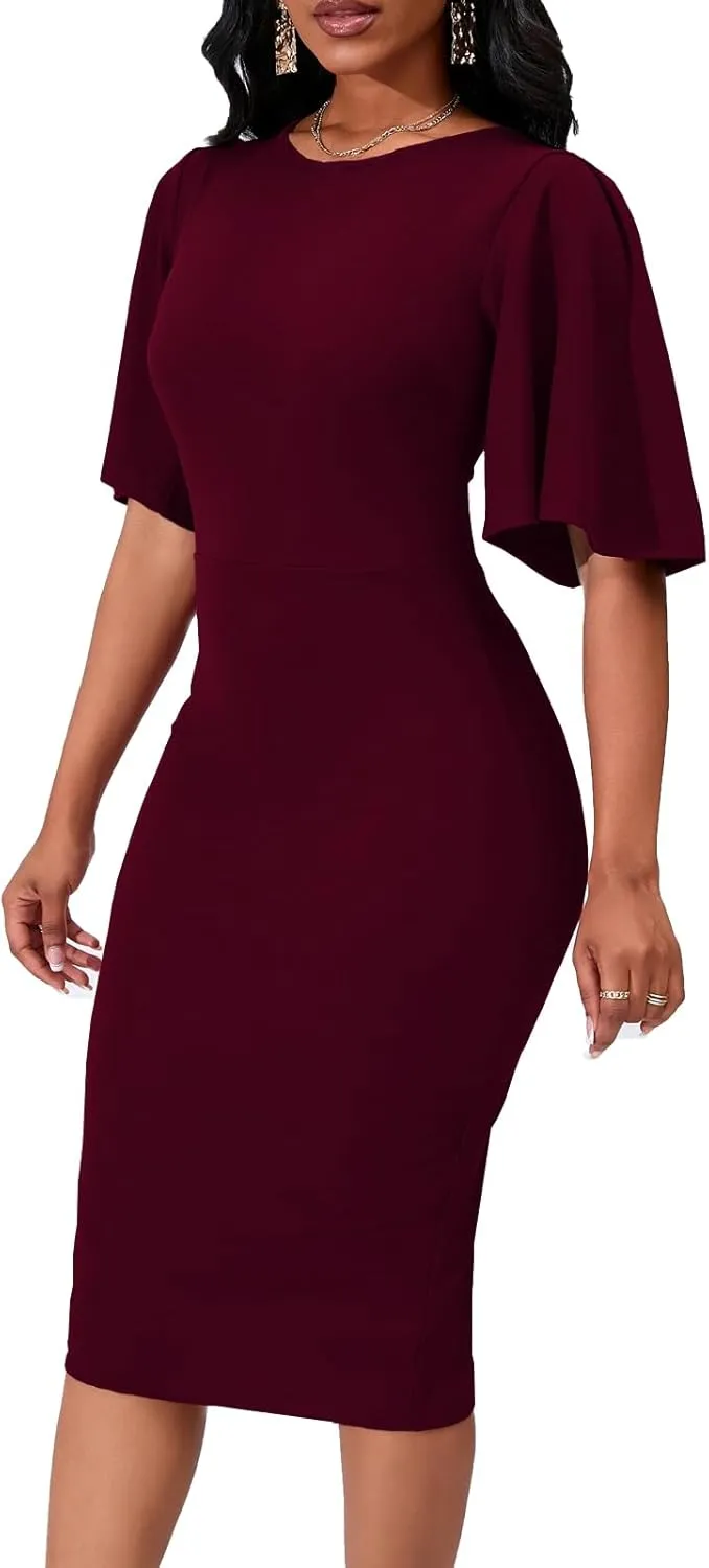 Womens Bodycon Ruffle Flared Short Sleeve Pencil Midi Dress