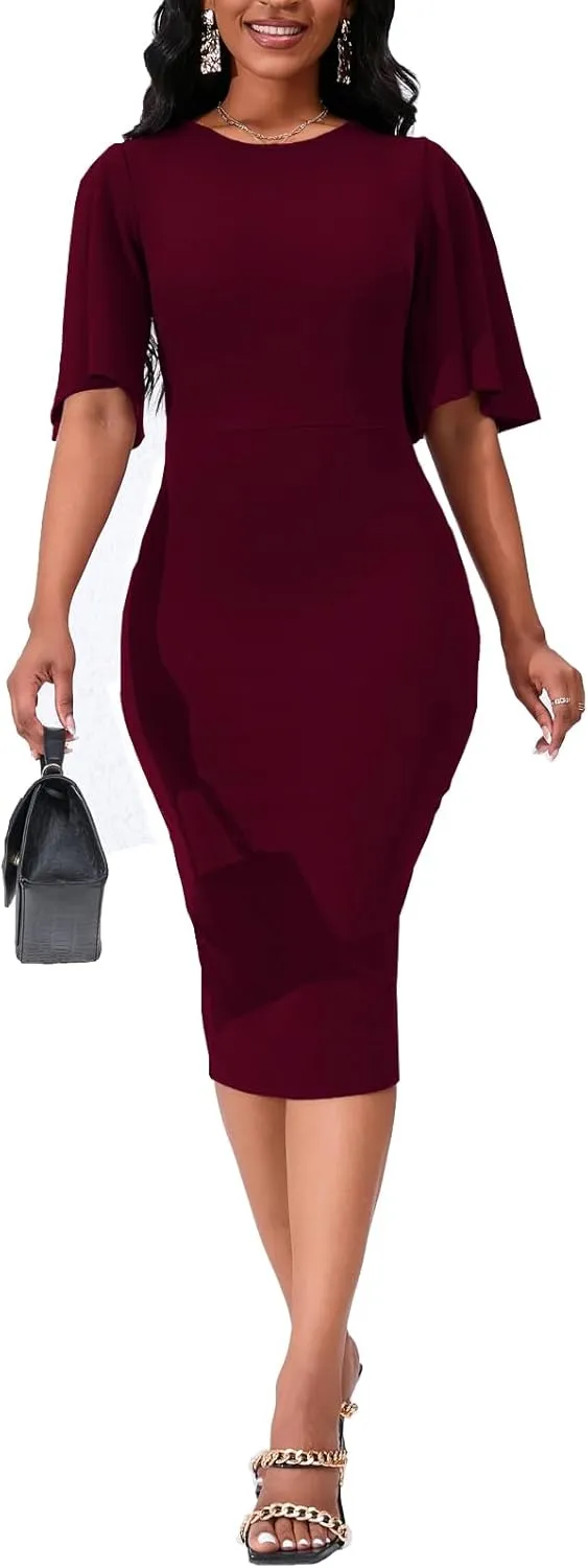 Womens Bodycon Ruffle Flared Short Sleeve Pencil Midi Dress