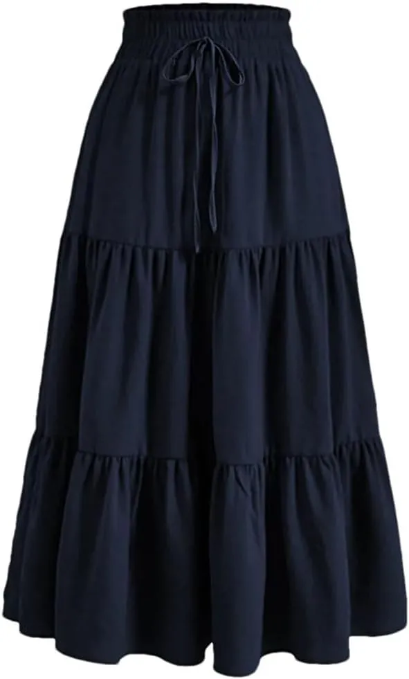 Women's Boho Vintage Floral Print Maxi Skirt Elastic High Waist Pleated Flowy A Line Long Skirts