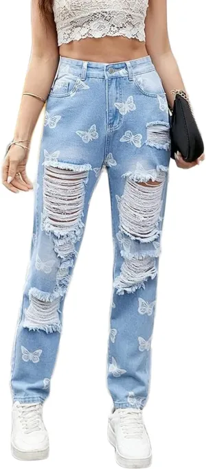 Womens Butterfly Print High Waisted Ripped Boyfriend Jeans for Teen Girls Straight Leg Distressed Denim Pants