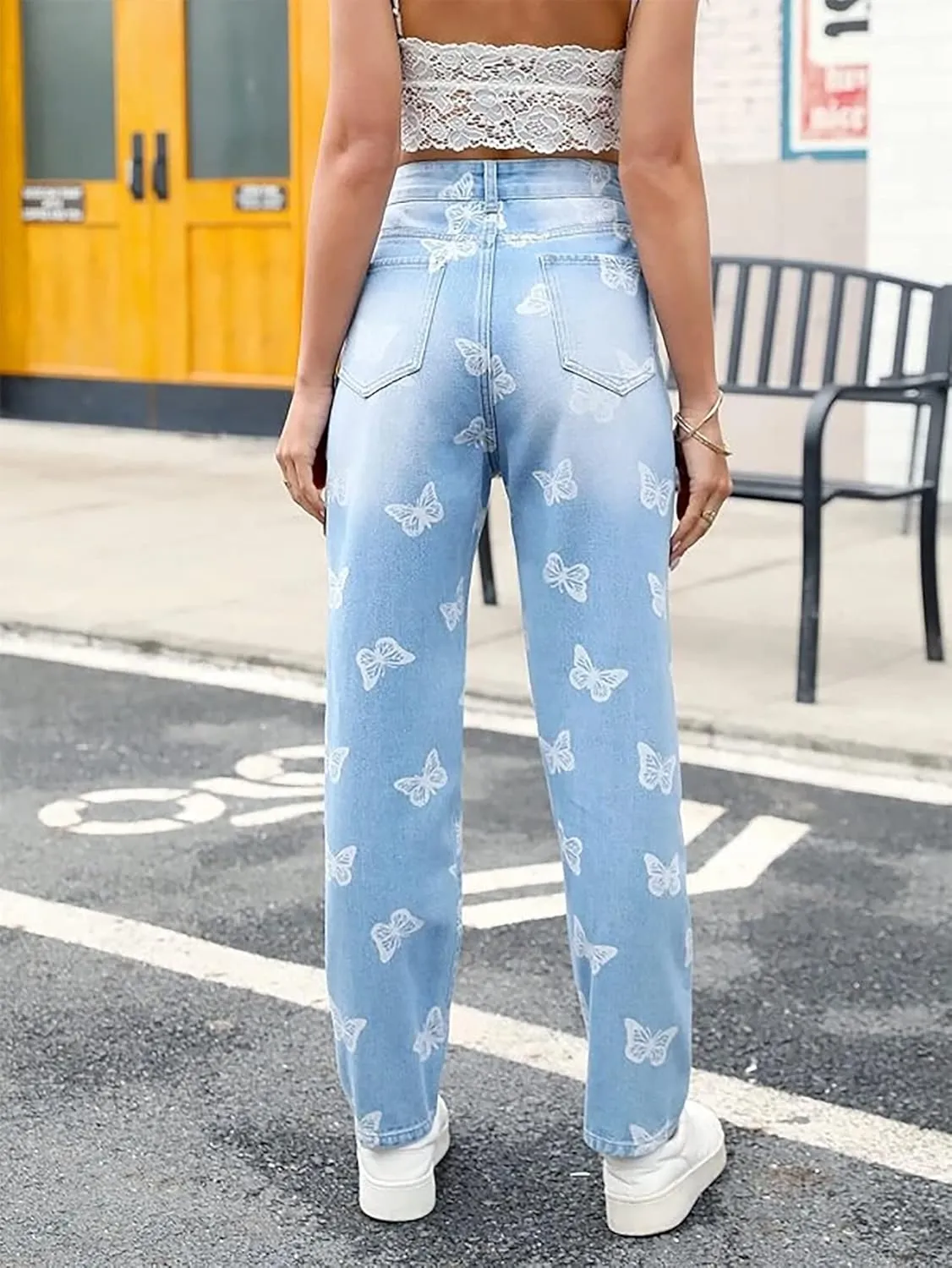 Womens Butterfly Print High Waisted Ripped Boyfriend Jeans for Teen Girls Straight Leg Distressed Denim Pants