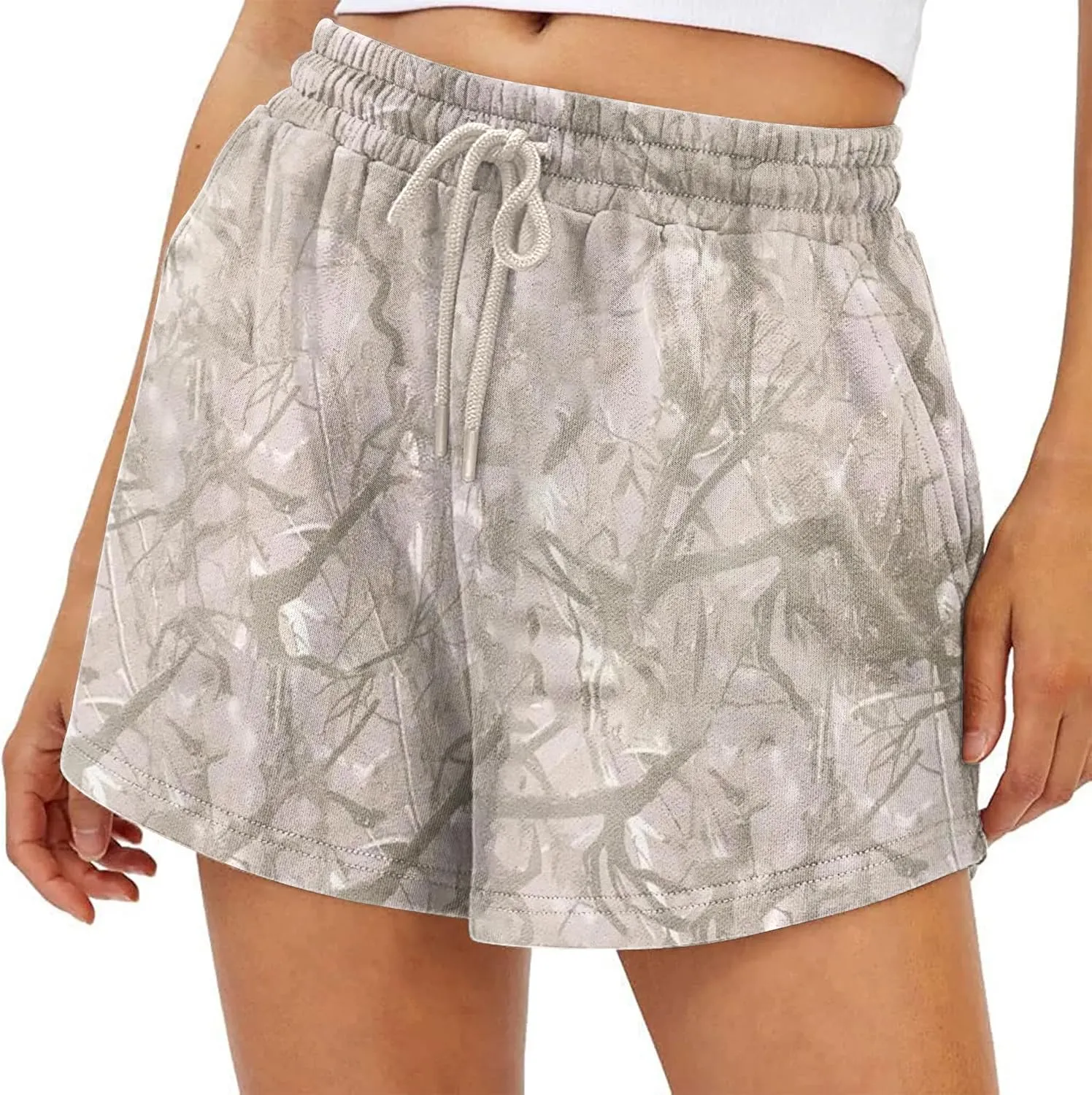 Womens Camo Sweat Shorts Maple Leaf Print Drawstring Elastic High Waist Lounge Camouflage Workout Shorts with Pockets