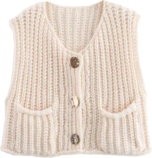 Women's Chunky Cropped Sweater Vest Sleeveless Button Down Trendy Cardigan Knit Crop Tops with Pockets