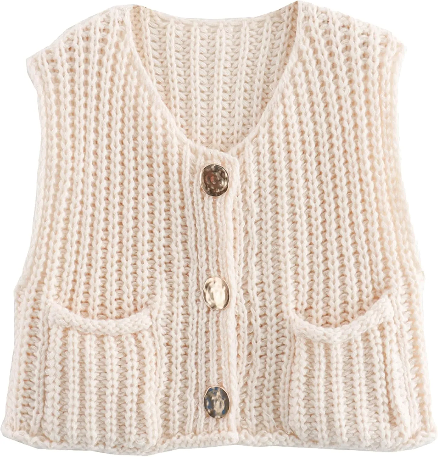 Women's Chunky Cropped Sweater Vest Sleeveless Button Down Trendy Cardigan Knit Crop Tops with Pockets
