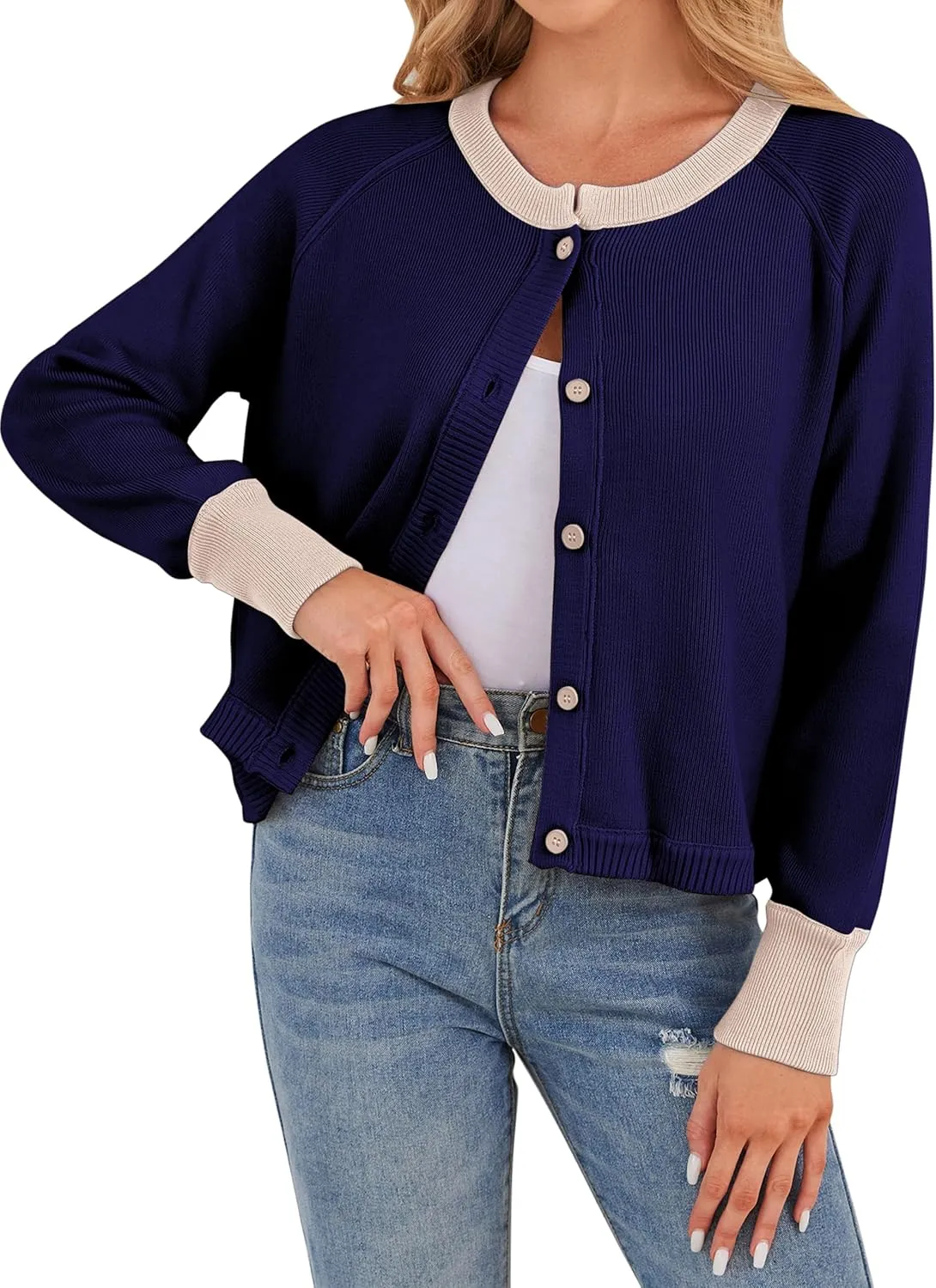 Women's Color Block Button Down Cardigan Sweaters Long Sleeve Slim Fit Trendy Round Neck Knitted Cardigans
