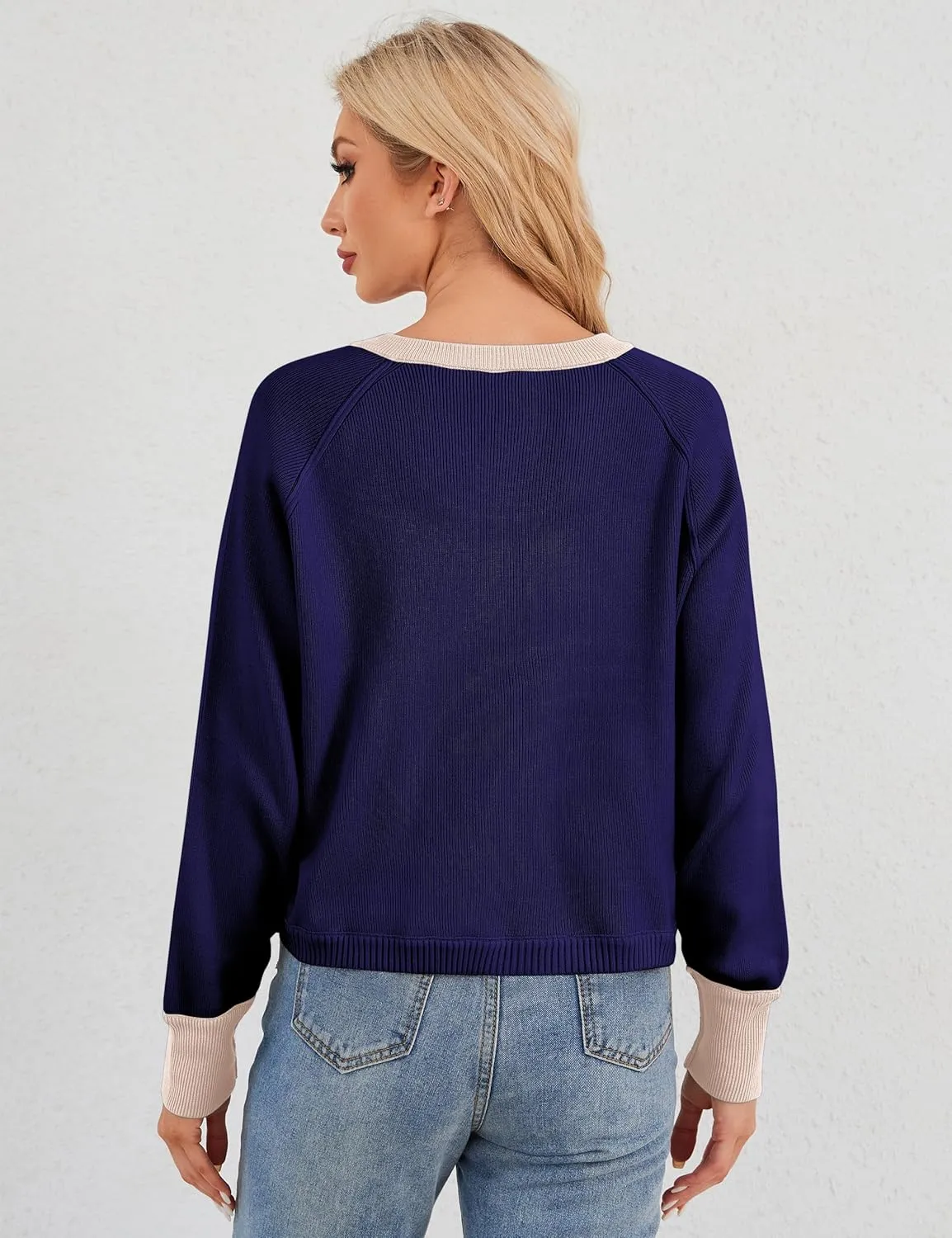 Women's Color Block Button Down Cardigan Sweaters Long Sleeve Slim Fit Trendy Round Neck Knitted Cardigans