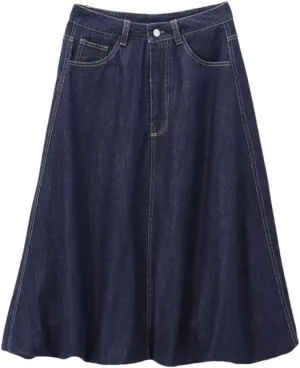 Women's Cotton Fluffy Midi Denim Skirt Casual High Waist Pockets Work A Line Skirt