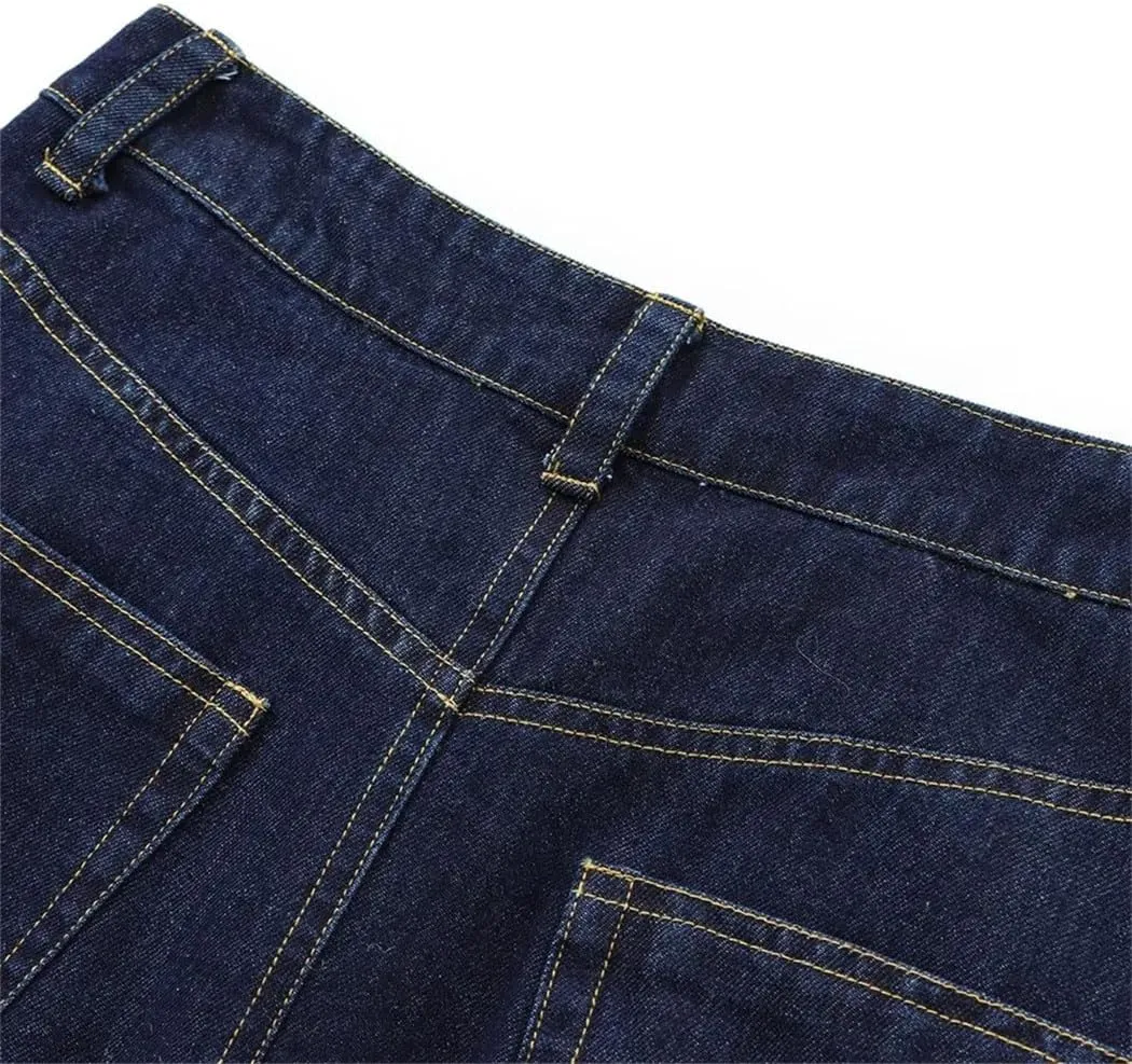 Women's Cotton Fluffy Midi Denim Skirt Casual High Waist Pockets Work A Line Skirt