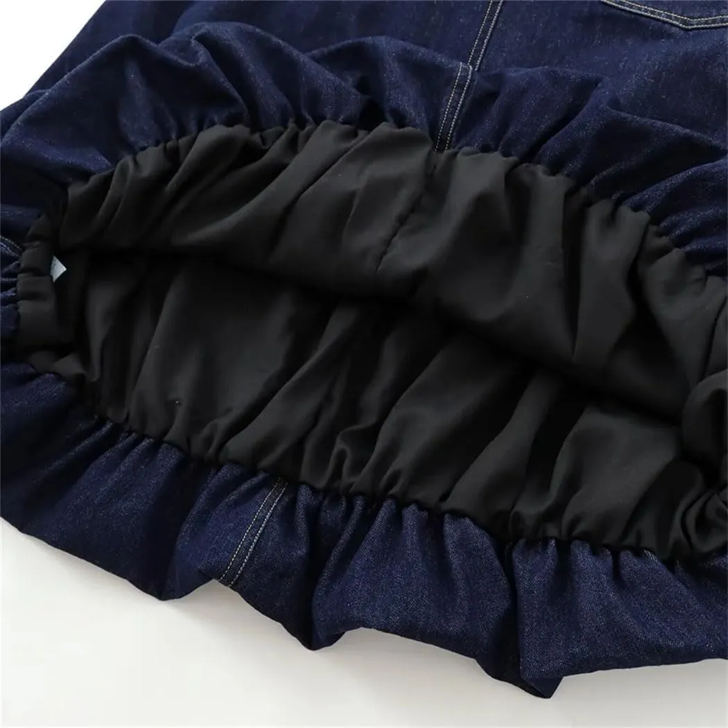 Women's Cotton Fluffy Midi Denim Skirt Casual High Waist Pockets Work A Line Skirt