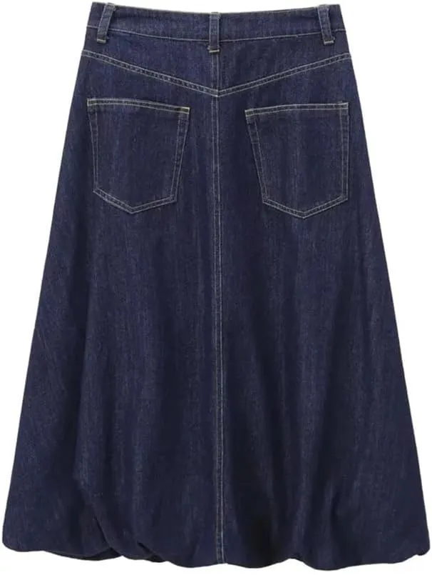 Women's Cotton Fluffy Midi Denim Skirt Casual High Waist Pockets Work A Line Skirt