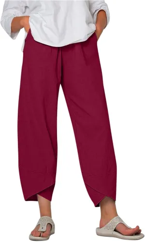 Women's Cotton Linen Casual Pants Summer Elastic High Waist Palazzo Trousers Loose Comfy Beach Trousers Sweatpants