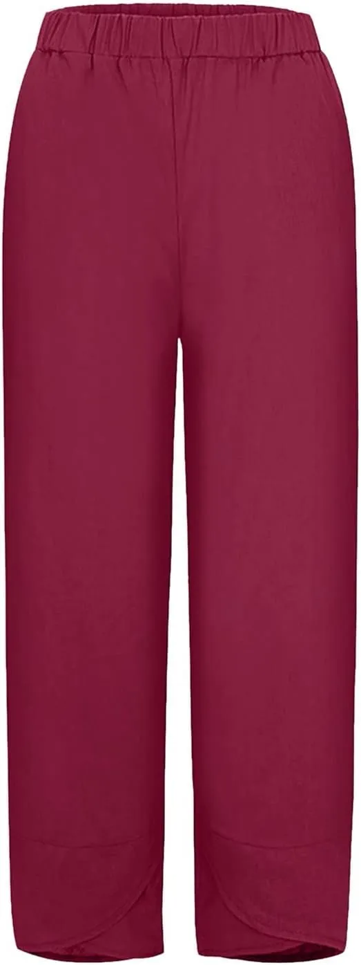 Women's Cotton Linen Casual Pants Summer Elastic High Waist Palazzo Trousers Loose Comfy Beach Trousers Sweatpants