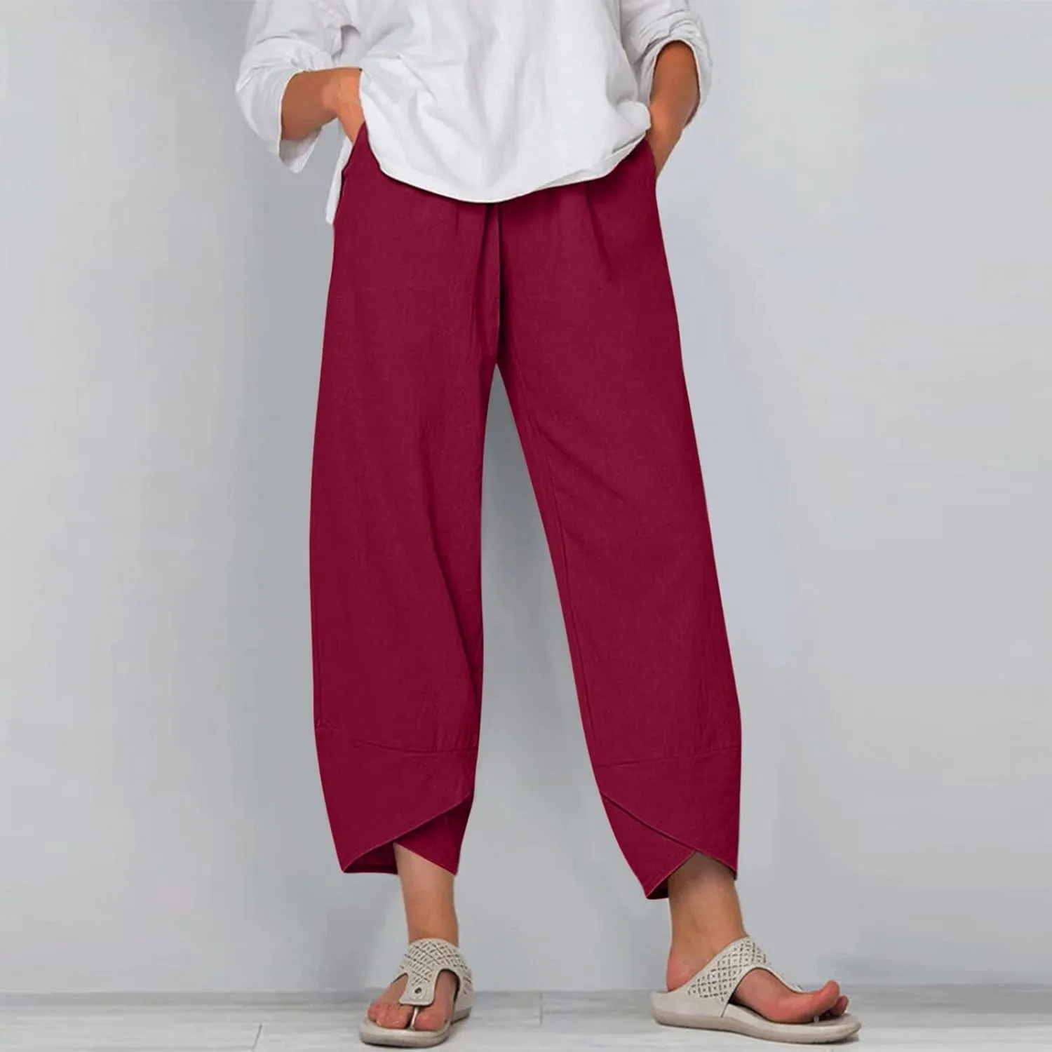 Women's Cotton Linen Casual Pants Summer Elastic High Waist Palazzo Trousers Loose Comfy Beach Trousers Sweatpants