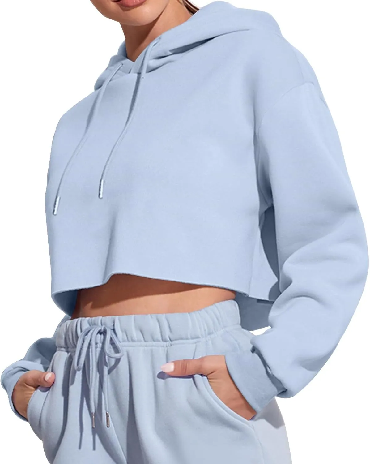 Womens Cropped Hoodie Crop Sweatshirts for Women Casual Workout Pullover Tops Drawstring Top Hooded Sweatshirt Fall