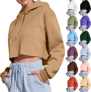 Womens Cropped Hoodie Crop Sweatshirts for Women Casual Workout Pullover Tops Drawstring Top Hooded Sweatshirt Fall