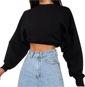 Women's Cropped Sweatshirt Crew Neck Long Sleeve Drop Shoulder Pullover Tops Lightweight Casual Loose Cropped T-Shirts
