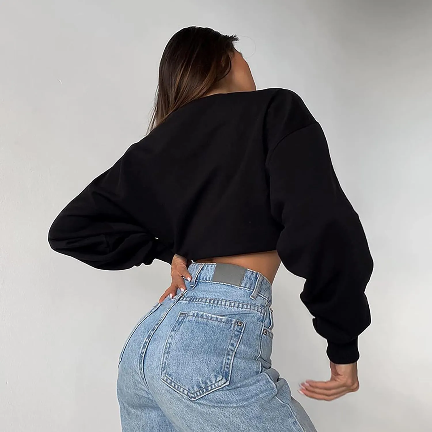 Women's Cropped Sweatshirt Crew Neck Long Sleeve Drop Shoulder Pullover Tops Lightweight Casual Loose Cropped T-Shirts