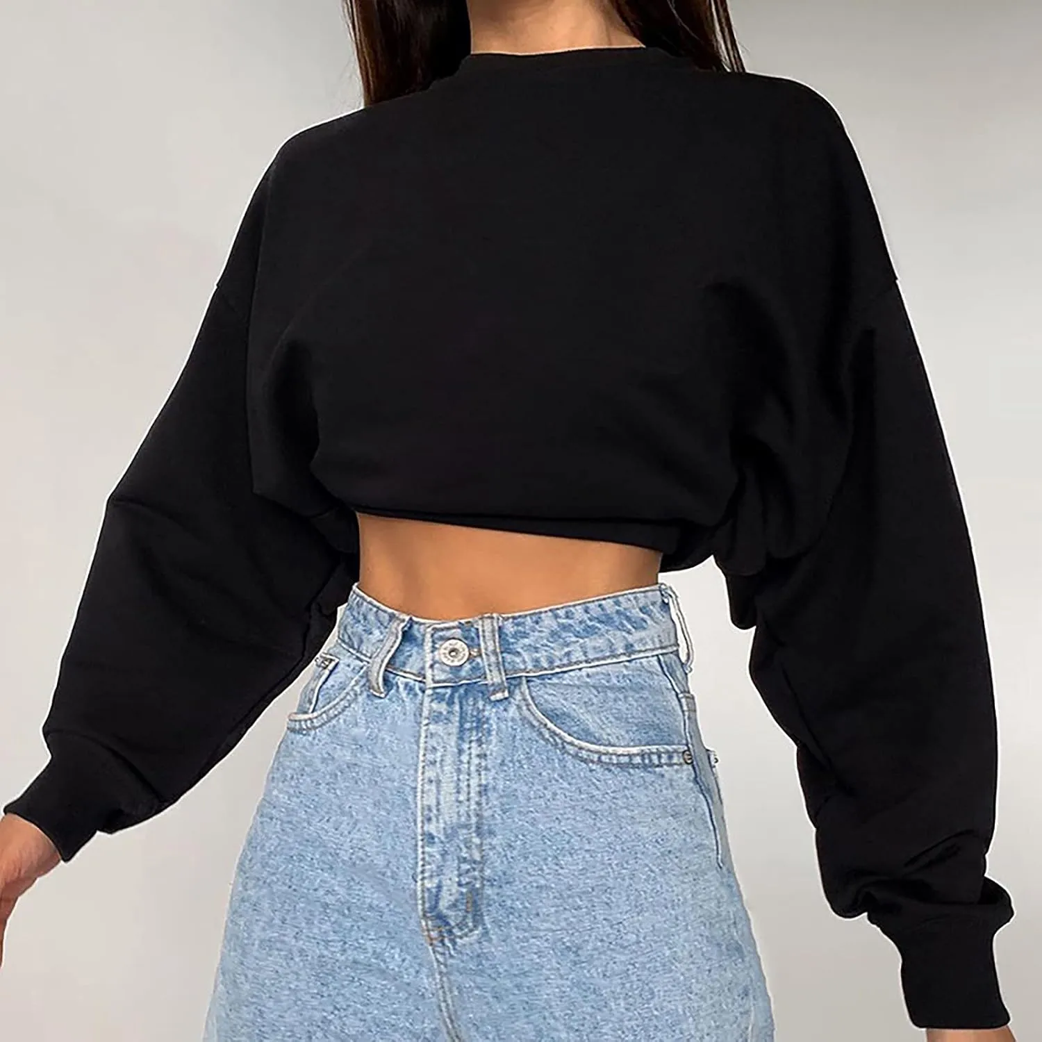 Women's Cropped Sweatshirt Crew Neck Long Sleeve Drop Shoulder Pullover Tops Lightweight Casual Loose Cropped T-Shirts