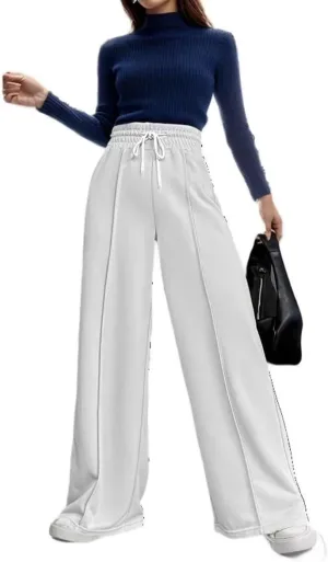 Women's Drawstring Elastic High Waist Wide Leg Sweatpants Trendy Lounge Pants Fall Fashion Trousers with Pockets
