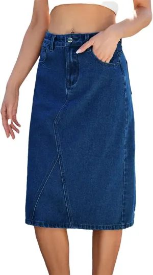Women's High Waist Denim Skirt Summer Classic Casual A-Line Midi Jean Skirt with Pockets