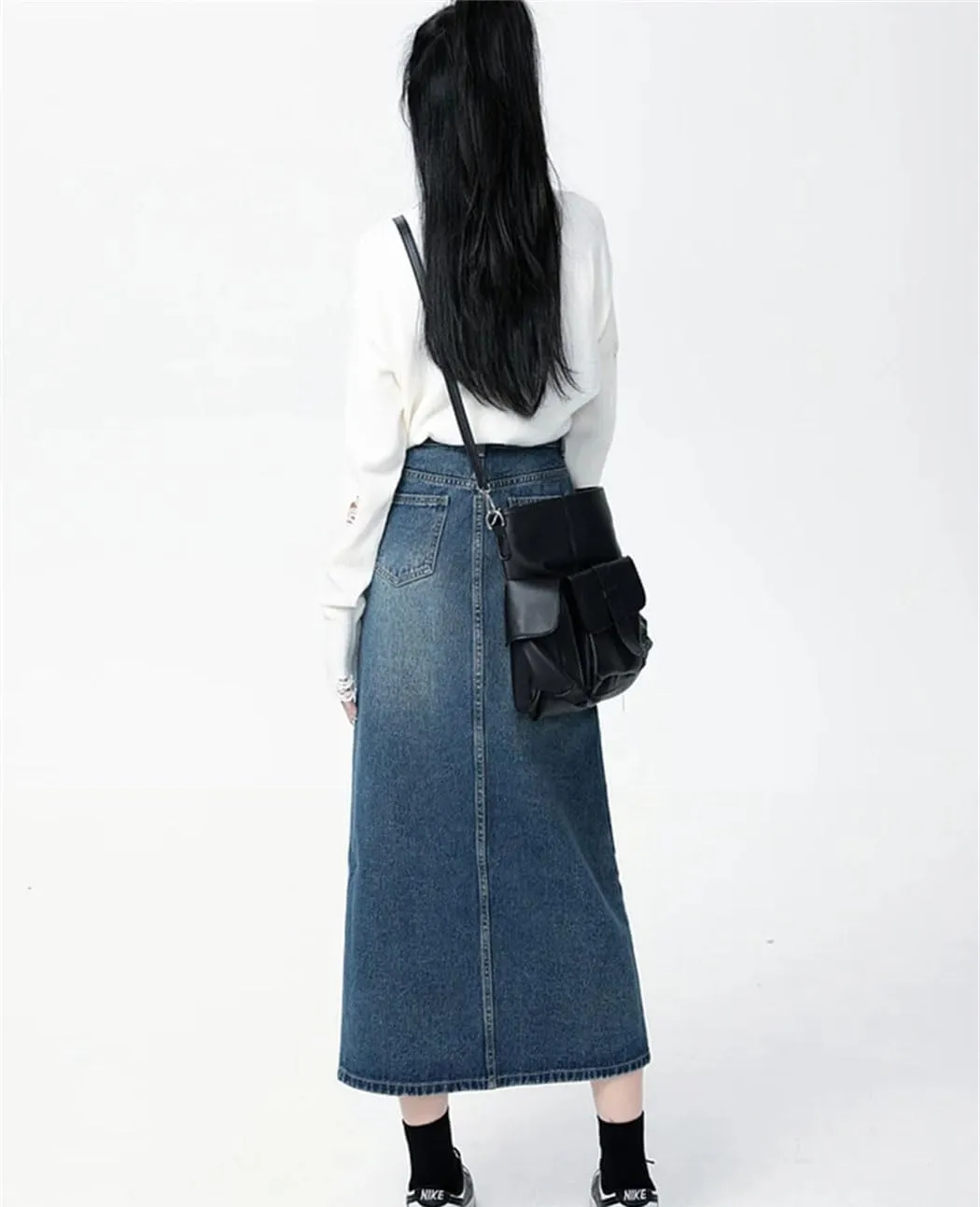Women's High Waist Denim Skirt Washing Front Split Jean Skirt 2025 Summer Blue Color Long Skirts