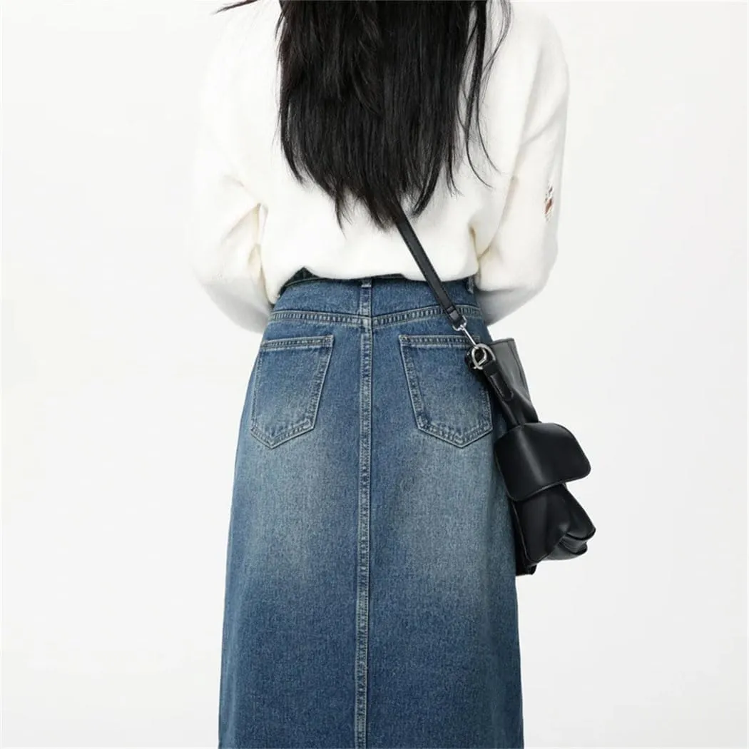 Women's High Waist Denim Skirt Washing Front Split Jean Skirt 2025 Summer Blue Color Long Skirts