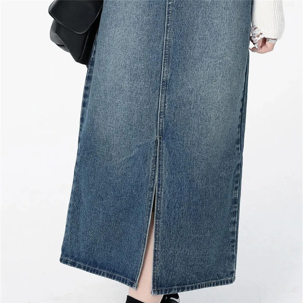 Women's High Waist Denim Skirt Washing Front Split Jean Skirt 2025 Summer Blue Color Long Skirts
