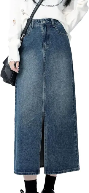 Women's High Waist Denim Skirt Washing Front Split Jean Skirt 2025 Summer Blue Color Long Skirts