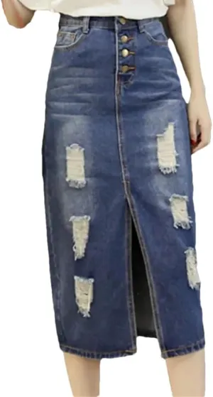 Women's High Waist Ripped Denim Skirt Front Slit Wrapped Hip Slimming Mid-Length Skirts