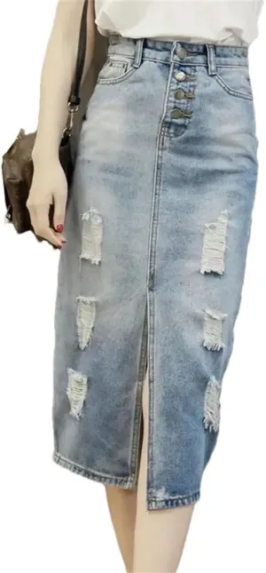 Women's High Waist Ripped Denim Skirt Front Slit Wrapped Hip Slimming Mid-Length Skirts
