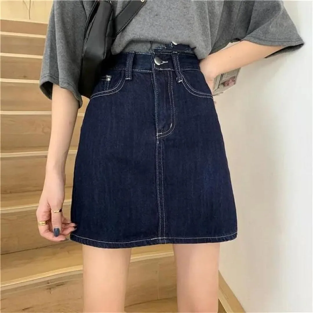 Women's High Waist Slimming Dark Denim Mini Skirt A- Line Half-Length Summer Style Short Skirts