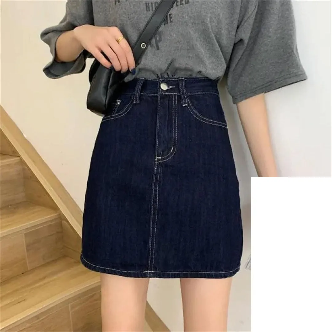 Women's High Waist Slimming Dark Denim Mini Skirt A- Line Half-Length Summer Style Short Skirts