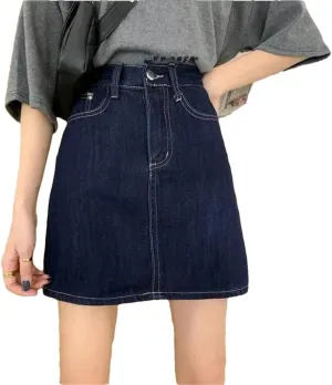 Women's High Waist Slimming Dark Denim Mini Skirt A- Line Half-Length Summer Style Short Skirts