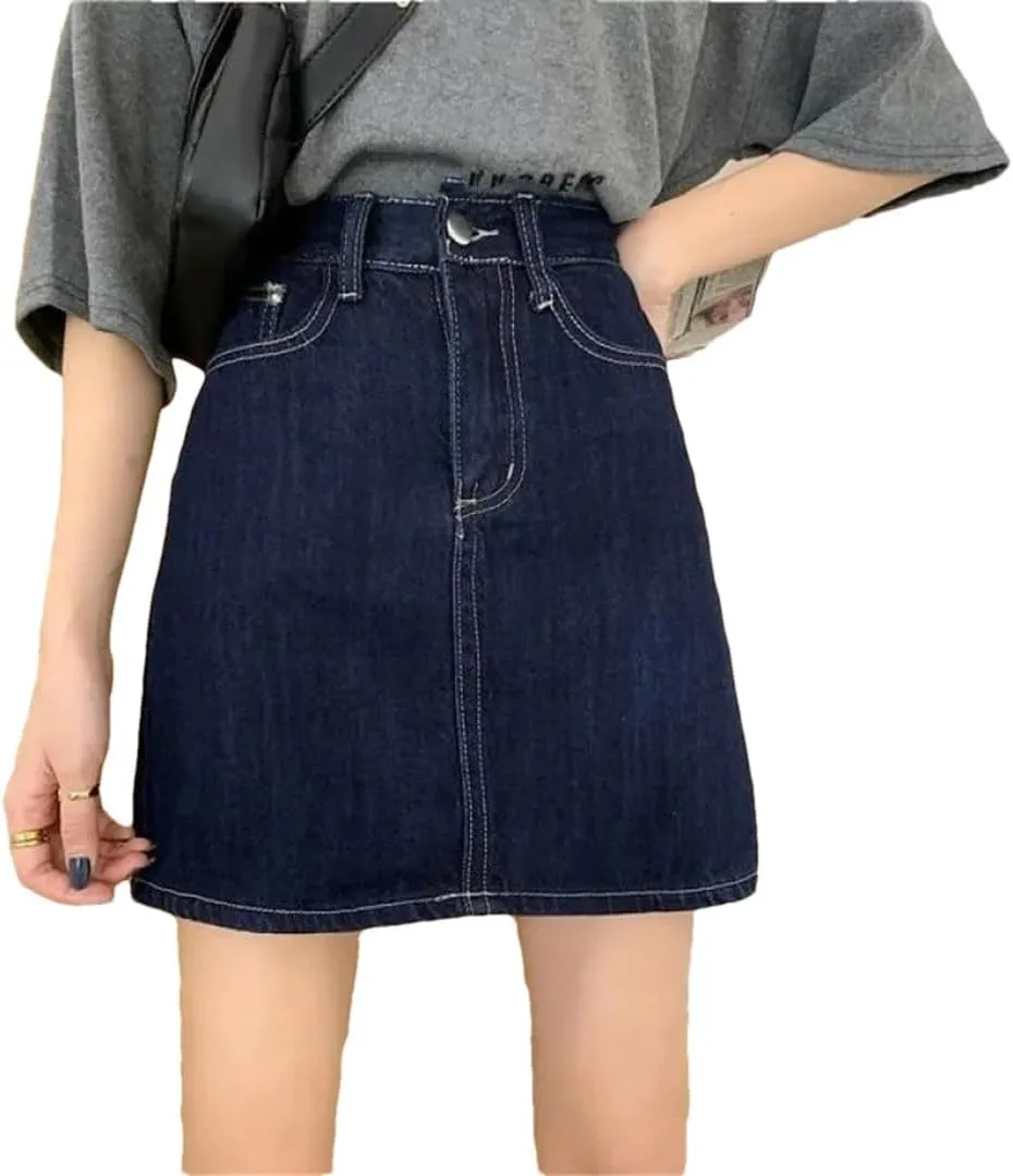 Women's High Waist Slimming Dark Denim Mini Skirt A- Line Half-Length Summer Style Short Skirts