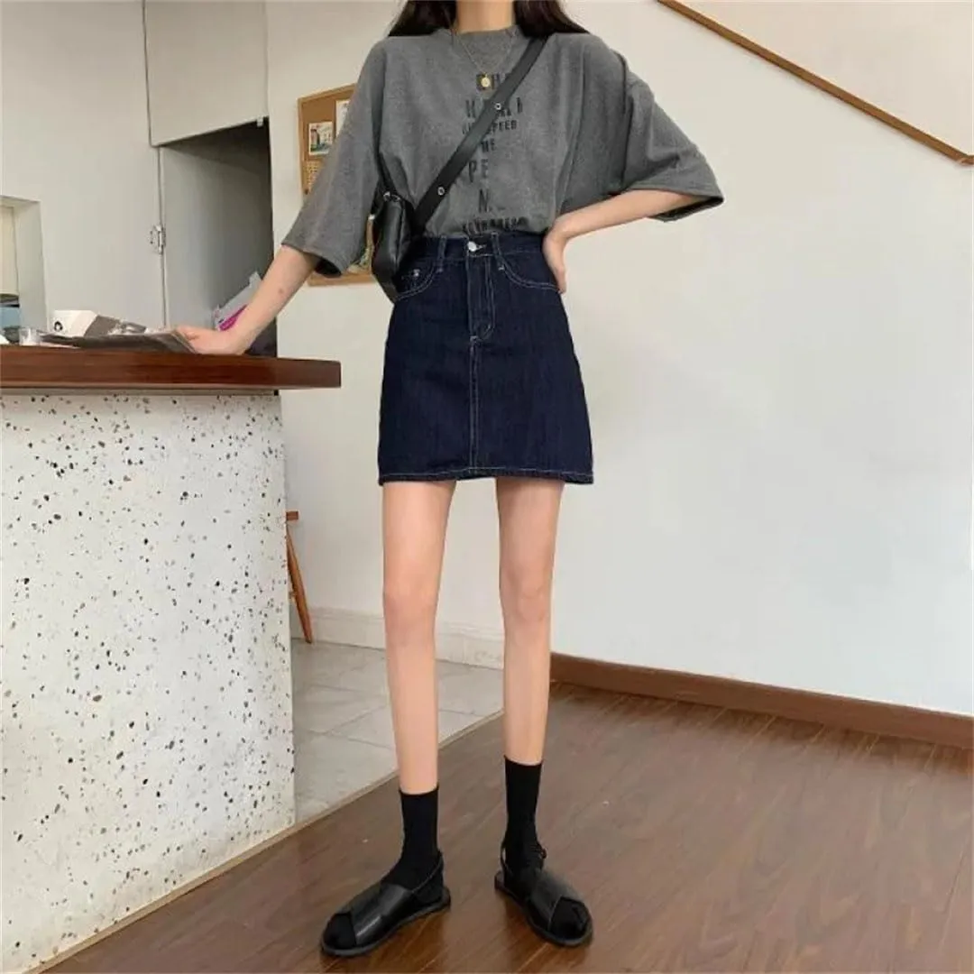 Women's High Waist Slimming Dark Denim Mini Skirt A- Line Half-Length Summer Style Short Skirts