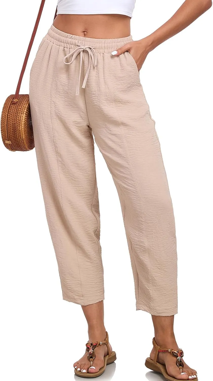Womens High Waisted Baggy Pants Drawstring Elastic Waisted Ankle Length Pants Palazzo Casual Trouser with Pockets